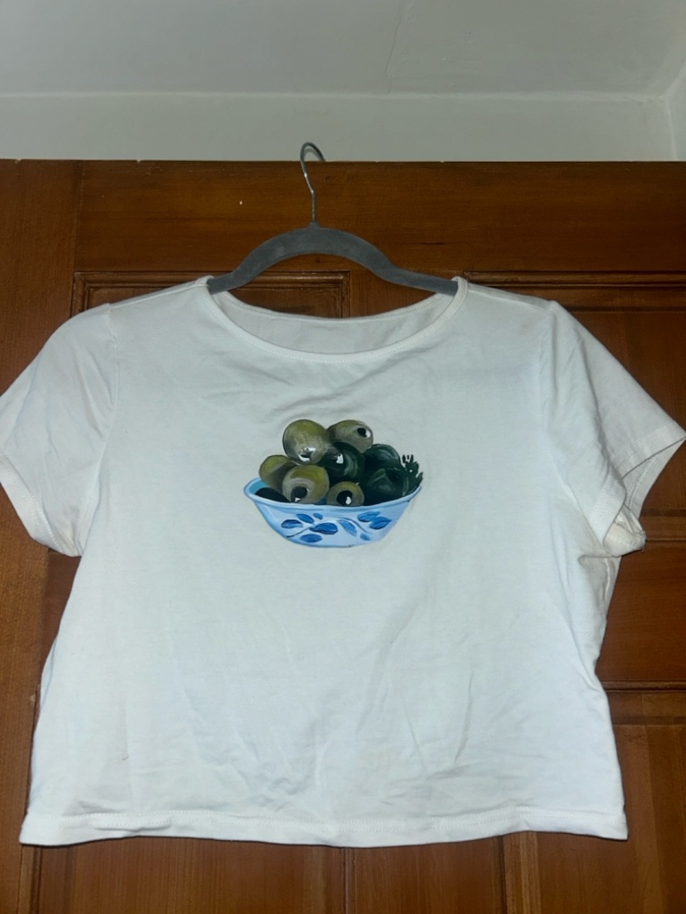 White Crop Tee with Olive Bowl Graphic